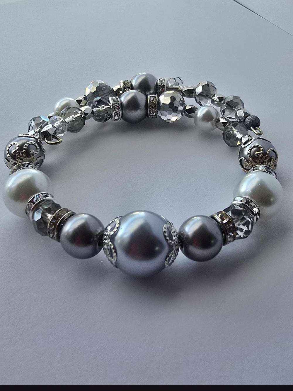 Silver and Gray Faux Pearl Bead Memory Wire Bracelet - Women